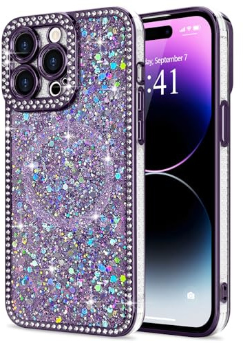 Lafunda Custodia con glitter compatibile con iPhone 14 Pro Max, per ragazze e ragazze, con brillantini, 3D, compatibile con MagSafe Case per iPhone 14 Pro Max, viola