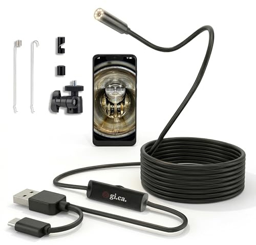 Endoscopio per Smartphone 5m Full HD, esegue Foto e Video, IP67 Impermeabile, LED Regolabili, Cavo Semi Rigido, Compatibile USB-C - Android e PC – Sonda Ispezione per Tubi e Scarichi