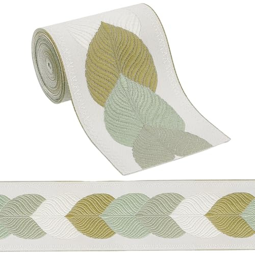 CABODYALS Rotolo di Passamaneria in Jacquard Verde da 3.28 Metro e 2.87cm con Motivo A Foglie Ricamate Versatile per Tappezzeria Tessuto Intrecciato per Cucire Abbigliamento Tende Cuscini Decorazioni