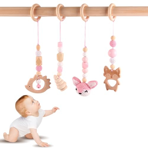 Tutamaz Baby gym hängande 4 stycken, hängande lekbåge baby, lekbåge hängande trä, lekbåge babyleksak från 0 månader, leksaksbåge bebisar, leksaker, lekbågar babyleksak för flickor pojkar baby