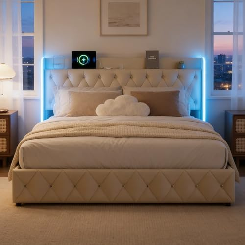 BRILVERDE Letto imbottito 140x200 con Contenitore idraulico, letto matrimoniale a LED con USB, Funzionale con testiera, Struttura letto con rete a doghe, in Velluto (Beige, 140 x 200 cm)