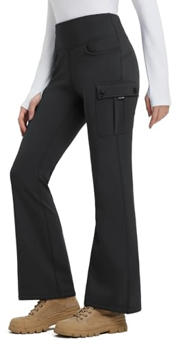 baleaf Women's Fleece Lined Pants Winter Warm Snow Flare Leggings Thick Cargo Bootcut Ski Thermal Insulated Waterproof Hiking Black S