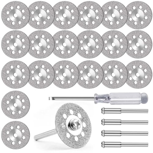 FOTYBEI Disco diamantato 545 (25 mm) 20 pezzi con 402 mandrino (3 mm) 4 pezzi e cacciavite per utensili rotanti Dremel dischi da taglio per pietra vetro