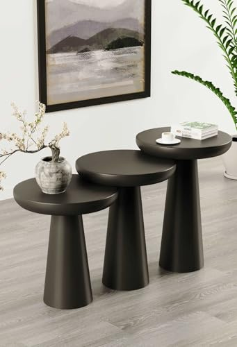 BERA DESIGN Mushroom Round Nested & 3 Pair Side Table, Handmade Wooden 3-Piece Mushroom Side Table Set – Black Vera
