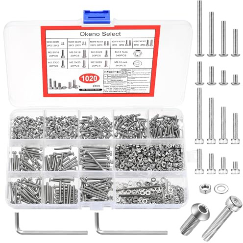 Okeno Select1020 Pièces Vis M2.5 avec Écrous, Set Vis à Tête Cylindrique Six Pans Creux, Assortiment Vis Machine en Acier Inoxydable avec Rondelles