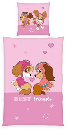 Herding Paw Patrol Linge de lit, Motif réversible, 80 x 80 cm + 135 x 200 cm, avec Patte de Boutonnage, 100% Coton, Rose