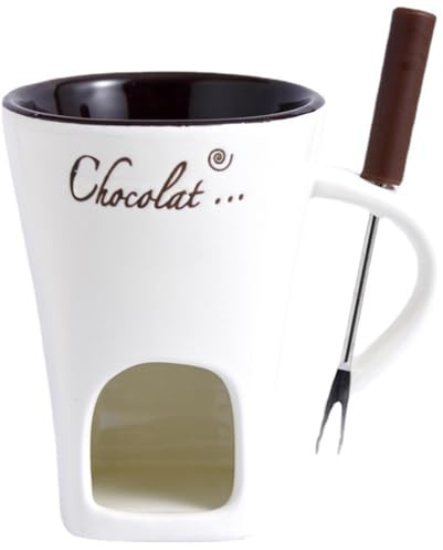 Hperu Schokoladen-Fondue-Becher, 130 ml Keramik-Fondue-Becher mit Gabel – süßer mit Griff zum Teelicht-Erwärmen – Schokoladen-Tasse