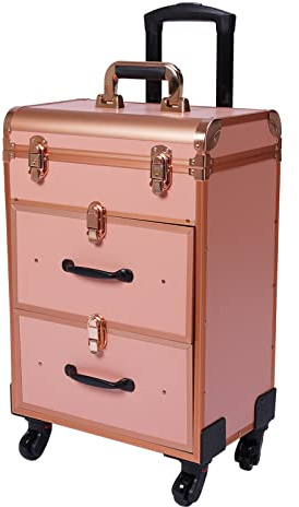 Carro de cosméticos con 2 cajones, maletín de maquillaje, maletín de maquillaje con ruedas de 360°, maletín de maquillaje, con cerradura, diseño de uñas, maletín de tren, color dorado