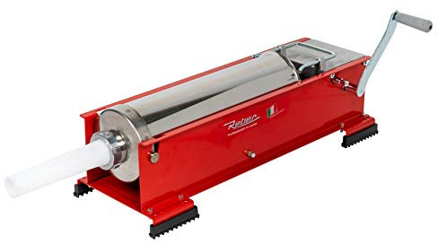 Reber Insaccatrice Manuale 6,8L/8KGS – Macchina per Salsicce Orizzontale con Sistema a 2 velocità, per Uso Domestico e Professionale - Struttura Robusta in Acciaio Inox – 4 Imbuti Inclusi