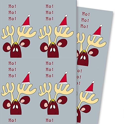 Lustiges Weihnachts Geschenkpapier grau mit komischem Elch: Ho Ho Ho (4 Bögen, 32 x 48 cm) Dekorpapier, Papier zum Einpacken, für tolle Geschenk Verpackung und Überraschungen