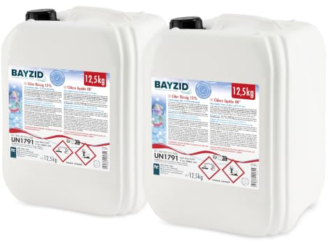 Bayzid Chlore Liquide 48° 2 x 12,5 kg - Désinfectant Rapide pour Piscine | 13-15% de Chlore Actif - Clarifiant Eau Cristalline - Idéal Spa, Jacuzzi, Pataugeoire - Dosage Économique