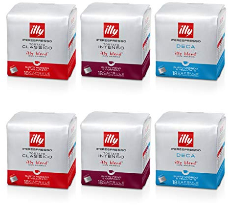 Illy Capsule 2 confezioni Intenso, 2 confezioni Classico, 2 Confezioni Deca -108 CAPSULE TOTALI