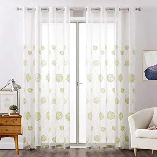MIULEE Vorhänge Florale Stickerei Grün, Gardinen Weiß 2er Set 140x245cm | Transparent Voile Blumen Muster Vorhänge Durchsichtig mit Ösen, Leichte Dekorative Gardinen für Wohnzimmer Schlafzimmer