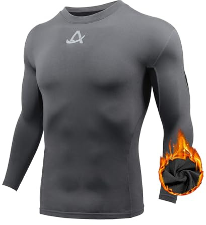AMZSPORT Maglia Compressione Termica da Uomo in Pile Manica Lunga Top Baselayer Maglietta per Sport Invernali, Grigio L