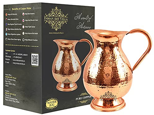IndianArtVilla Kupfer-Krug mit Boden, groß, fett gehämmert, Volumen 2,2 l, zum Servieren von Wasser, gutes Yoga Ayurveda