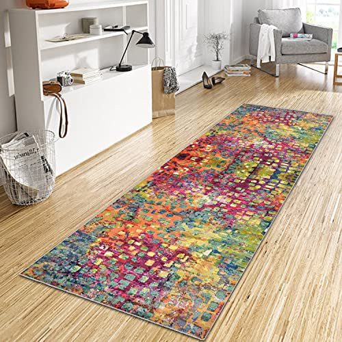 WTHYGB Teppich Läufer Flur Küche 60x120 cm, Modern rutschfest Waschbar Küchenläufer Flurläufer, Lang Polyester Plaid Muster Grün-Rot Teppichläufer für Korridor Schlafzimmer, Innen Wohnzimmer