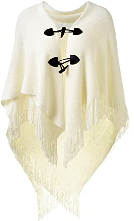 Ferand Poncho da Donna con Apertura sul Davanti Scialle a Mantella con Frange per l'autunno Inverno 2023 - Taglia unica - Bianco
