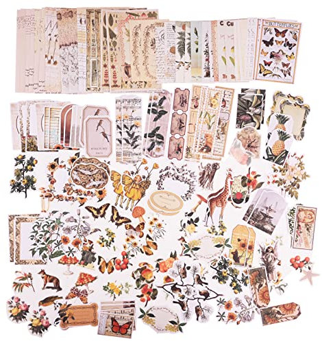 200 Pcs Vintage Scrapbooking Sticker Set,Retro Journaling Supplies Aesthetic Decorative Stationery Paper,Washi DIY Art Craft Botanical Animals Kits Collage,for Writing,Drawing,Album,Travel Journal