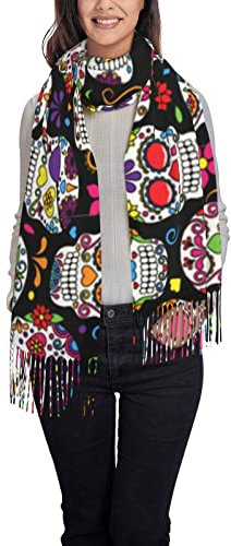 ASEELO Schwarz und Weiß karierte Streifen Damen Schals Winter lang weich warm Wraps Wolle Quaste Schal Stola Schal Damen, Bunte Totenköpfe., One size