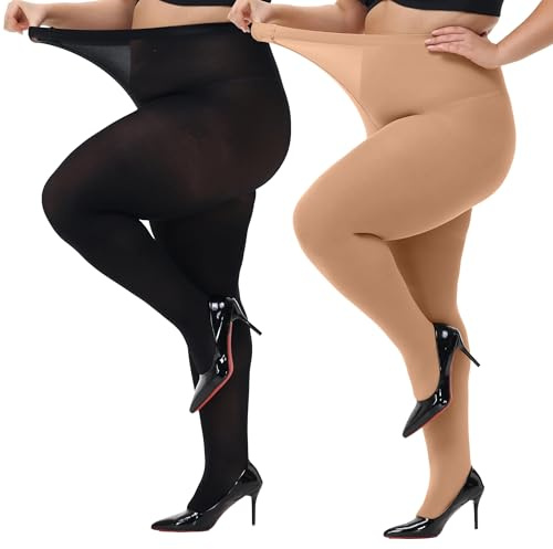 HeyUU Damstrumpor Plus Size hög midja halvtransparent XL-4XL, Svart + köttfärg, 3XL