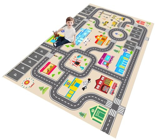 ZFHNYJWKL Kinder spielteppich Auto Jungen & Mädchen Teppich Straßenteppich Bauteppich Stadtstadt Lernbereich Teppich Pädagogischer Antirutsch für Kinderzimmer Grau Blau Grün(C,120X180CM)