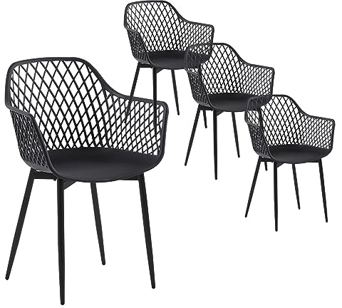 buybyroom 4er Set Esszimmerstuhl mit Armlehne Rückenlehne Metallbeine Küchenstuhl Essstühle Stuhl Sessel Kunststoffstuhl Sitzfläche für Küche, Schlafzimmer, Esszimmer, Schwarz