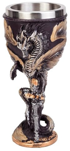 Medieval Flame Dragon Holding Sword Goblet Resin Wine Cup with Stainless Steel Lining Unique Hand-Painted Cup Father's Day Gift (BM030-6)