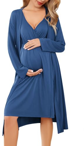 Ekouaer Maternity Nursing Gown and Robe Set Labor Delivery Nursing Nightgowns for Breastfeeding Pregnancy Clothes Blue L