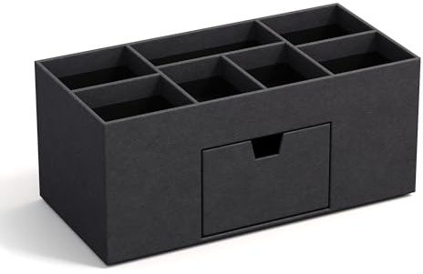 BIGSO VENDELA Schreibtisch Organizer mit 7 Fächern und Schublade – Ablagebox aus Faserplatte und Papier in Leinenoptik – Schreibtischset für Büromaterial – schwarz