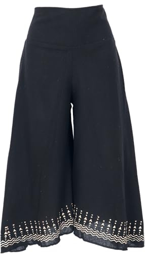 GURU SHOP Palazzohose, 3/4 Hosenrock, Bedruckte Natürliche Boho Schlaghose, Sommerhose - Schwarz, Damen, Size:L