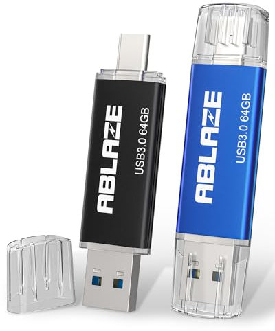 Ablaze - Memoria USB C (2 Unidades, 64 GB, OTG 3.0, 2 en 1, para teléfonos móviles Tipo C,Smartphones, portátiles, Ordenadores portátiles)