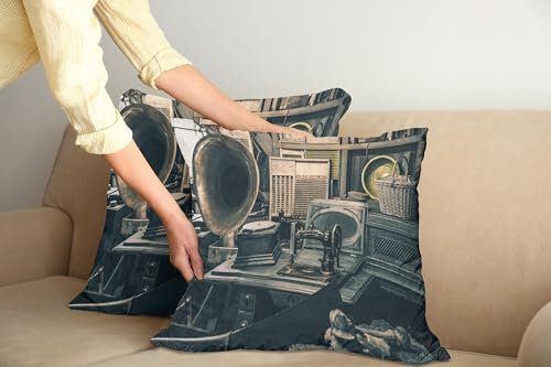 ABAKUHAUS Antiquität Kissenbezug 2er-Pack, Antiquitätengeschäft Inventar Alte Grammophon Nähmaschine zwanzig Jahrhundert Stuff, 60 x 60 cm, Sepia