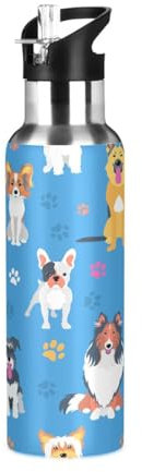 Ksajwzf Animal Cute Dog Pattern Insulated Water Bottle Stainless Steel Kids Sport Thermos Jug with Straw Lid Puppy Dogs Water Flask Leakproof Thermos Bottle for Bike Running Walking Outdoor 20 Oz