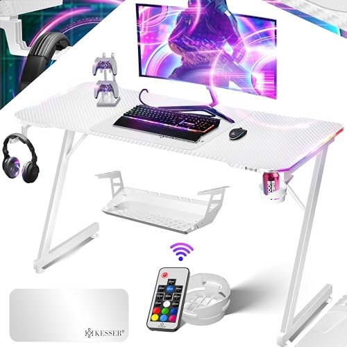KESSER® Mesa Gaming | 140 x 60 cm | Incl. LED | Escritorio para Gamer en Forma de Z | Soporte para Auriculares | Mesa ergonómica para Ordenador | Incl. Alfombrilla de ratón y Soporte