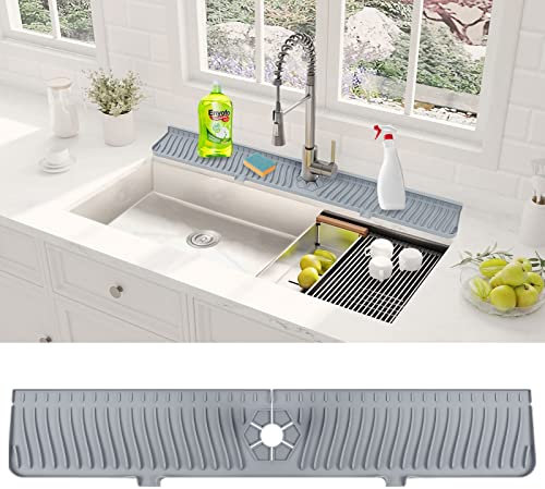 SINJIAlight 30 inch Sink Splash Guard Mat,Silicone Faucet Handle Drip Catcher Tray, Longer Silicone Sink Mat for KitchenBathroom, Drip Protector Splash Countertop (Gray)