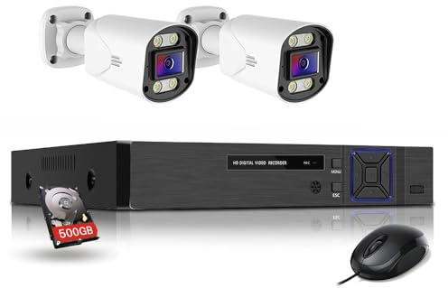 JUSTOP Starlight 4 Channel Outdoor CCTV Camera System, Smart Security Kit, Full Colour Night Vision, AOC Audio Recording, H.265+ DVR with 500GB Hard Drive and 2x 1080P Cameras, Email & APP Alert