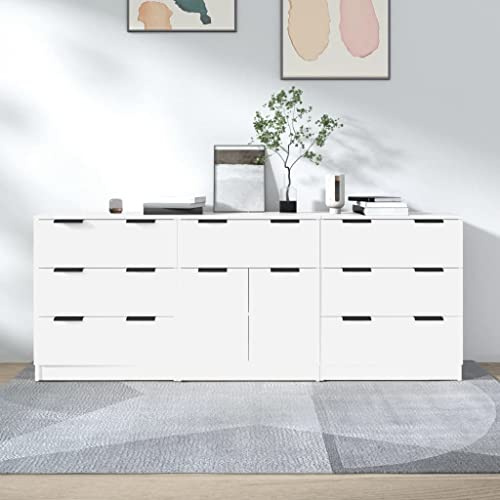 Willood 3-TLG. Sideboard-Set Weiß Holzwerkstoff Mit Sieben Schubladen,Kommode,Küchenschrank geeignet für Küche, Wohnzimmer, etc.