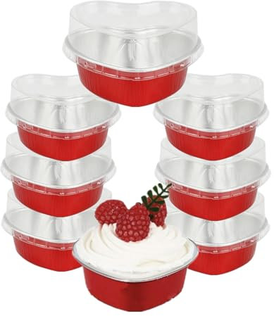 Pirottini da forno a forma di cuore, 50 mini tazze in alluminio da 100 ml, con coperchio, usa e getta, per budini, muffin, cheesecake, soufflé, ecc. (rosso)