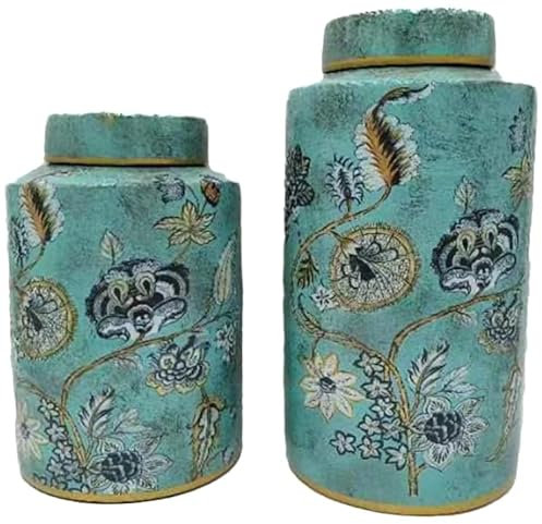 Fine Asianliving Pot à Gingembre Chinois Porcelaine Turquoise avec Accent Doré Fleurs Fait Main D17xH33cm Chinois Vase avec Couvercle Asiatique Jingdezhen Mandarin Décorative