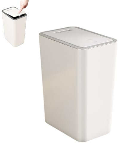 9L Slim Bathroom Bin with Touch Top Lid - Plastic Narrow Trash Can for Bedroom, Office, Living Room, Kitchen, and Toilet - Dog Proof (White)