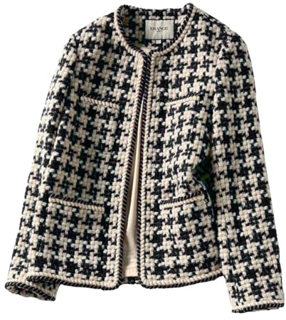 TangDao Womens Tweed Jacket Coat Collarless Cropped Open Front Plaid Round Neck Long Sleeve Short Blazer Jackerts(S,black thick)