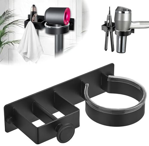 Hengrongshen Soporte para secador de pelo sin taladrar, soporte para plancha de pelo y secador de pelo, acero inoxidable, soporte de pared negro mate, soporte para secador de pelo, compatible con