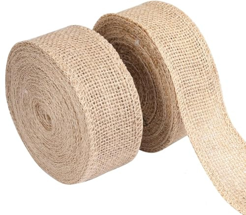 2 Rollen Juteband 4 cm Breit, 10m Vintage Geschenkband, Burlap Band, Juteband Rolle, Sackleinen Band für DIY Handwerk Verpackung, Geschenk, Hochzeit, Weihnachten, Esstisch, Blumenstrauß Dekoration
