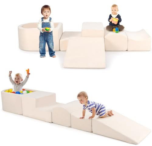 HOMFME Parcours Motricité 5 Pièces pour Enfant 3+ Ans, Aire de Jeux en Mousse Haute Densité Montessori avec Fosse à Balles pour Grimper et Ramper, Idéal pour Chambre d’Enfant, Intérieur, Beige
