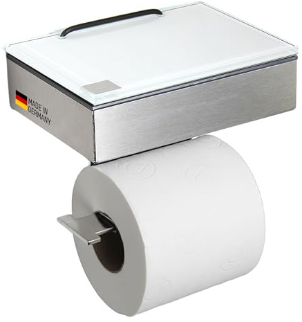 Toilettenpapierhalter mit Feuchttücherbox - Gehäuse Matt & Abdeckung Glas Weiß - befüllbar von Links - Wandhalterung 2-in-1, Feuchttuchbox & Klopapierhalter aus Edelstahl, Made in Germany