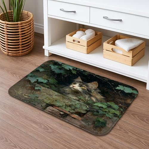 Tapete de baño de secado rápido con diseño floral de gatos, diseño de hojas de hiedra vintage, absorbente, antideslizante, acogedora alfombra de baño de espuma viscoelástica lavable para decoración