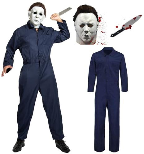 Makoike 3Pcs Michael Myers Costume Adult Scary Killer Mask Horror Overalls Mens Carnival Halloween Costume Cosplay Outfits