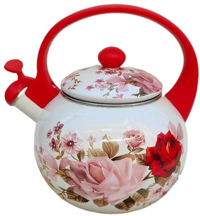 Bouilloire sifflante en acier émaillé 2,2 L, style vintage avec poignée isolante pour plaques à induction et gaz, accessoire de cuisine original.(Rouge)