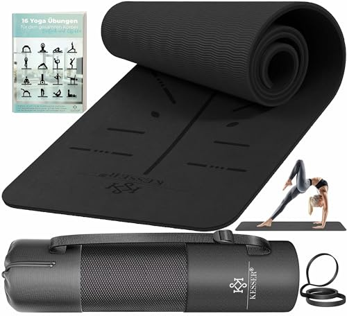 KESSER Tappetino da ginnastica con cinghie per il trasporto, tappetino da yoga antiscivolo in TPE (183 x 61 cm), tappetino per fitness, sportivo, pilates e ginnastica (Nero/Nero)