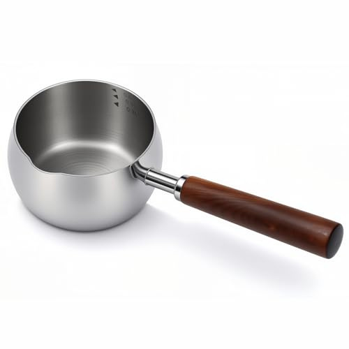 BQWII 17fl oz (500ml) Stainless Steel Mini Pot Butter Warmer, Milk and Coffee Heater, Seafood Butter Warmer, Chocolate Melting,with Pour Spout and Wooden Handle,Induction cooker available